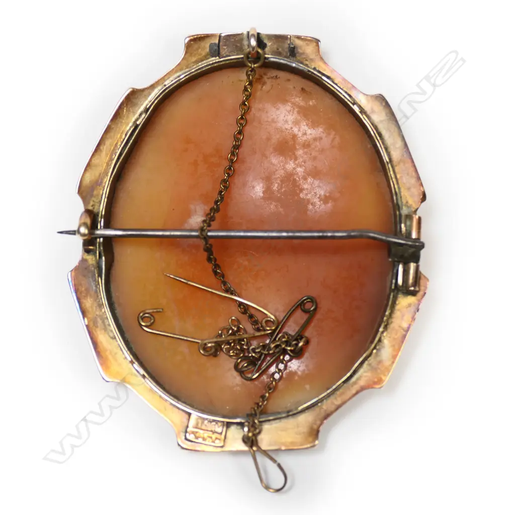 A c.1900 'Kohn' N.Z. made 15ct. rose gold framed cameo brooch, Image 1++